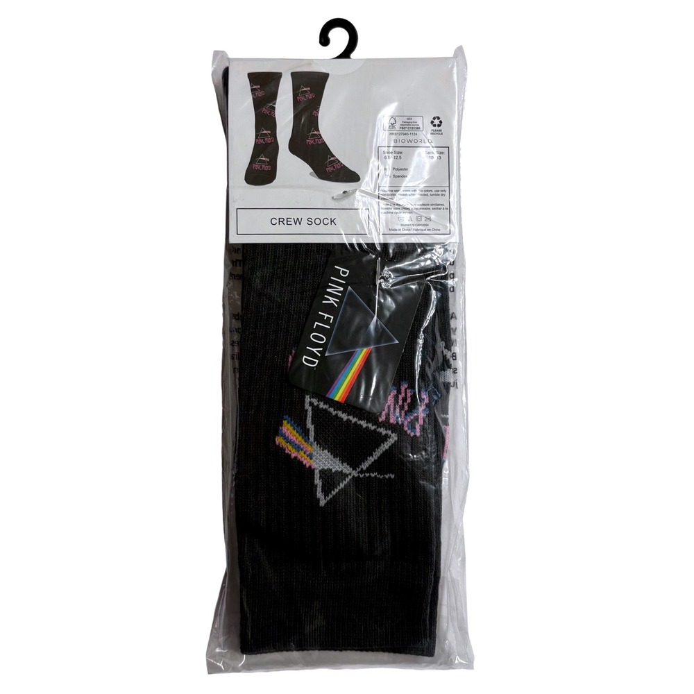 Pink Floyd Dark Side of the Moon Crew Socks Black Bioworld Men Size 6.5-12.5